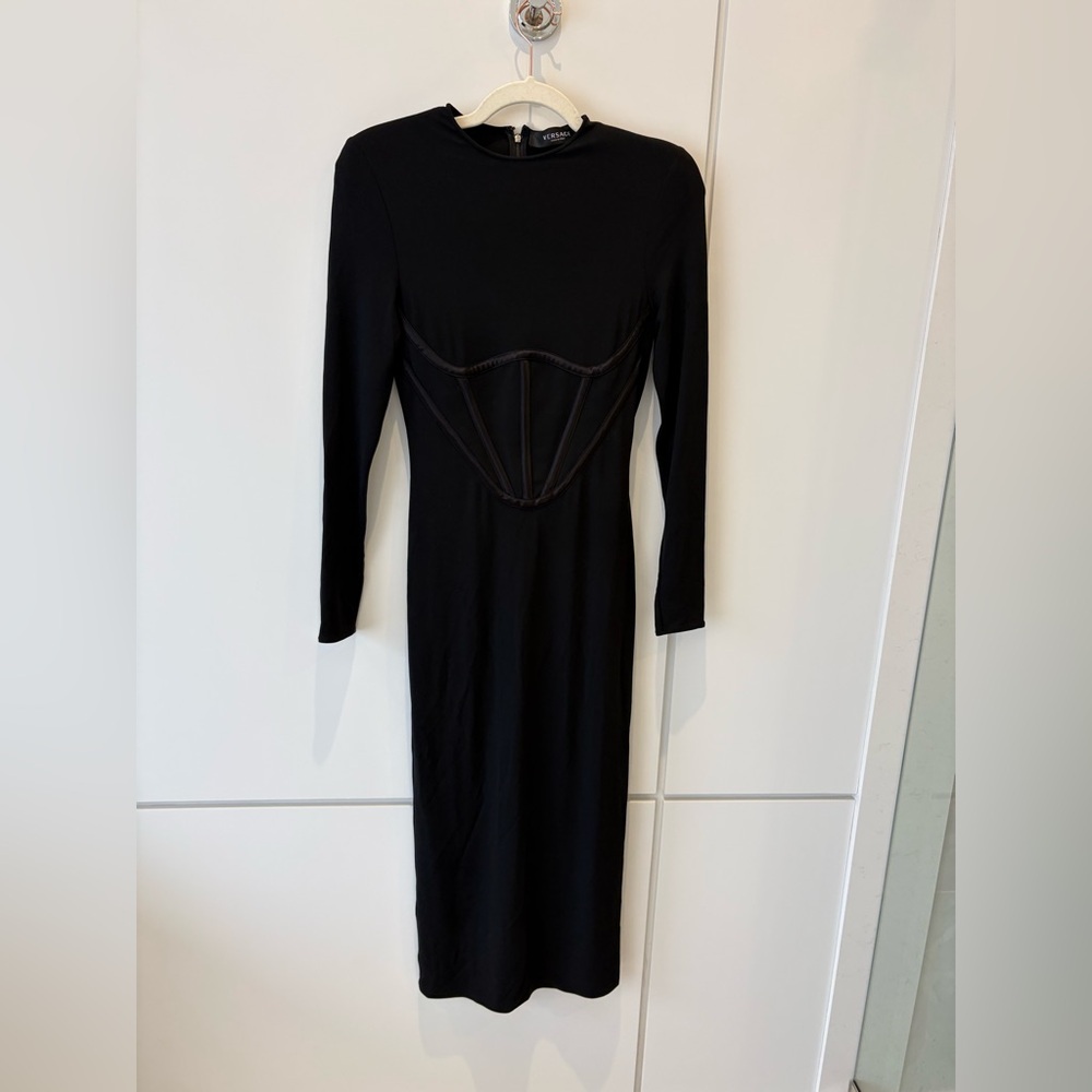 Versace Black Corset Waist Long Sleeve Bodycon Midi Dress IT 40 (US 4 - Picture 10 of 16